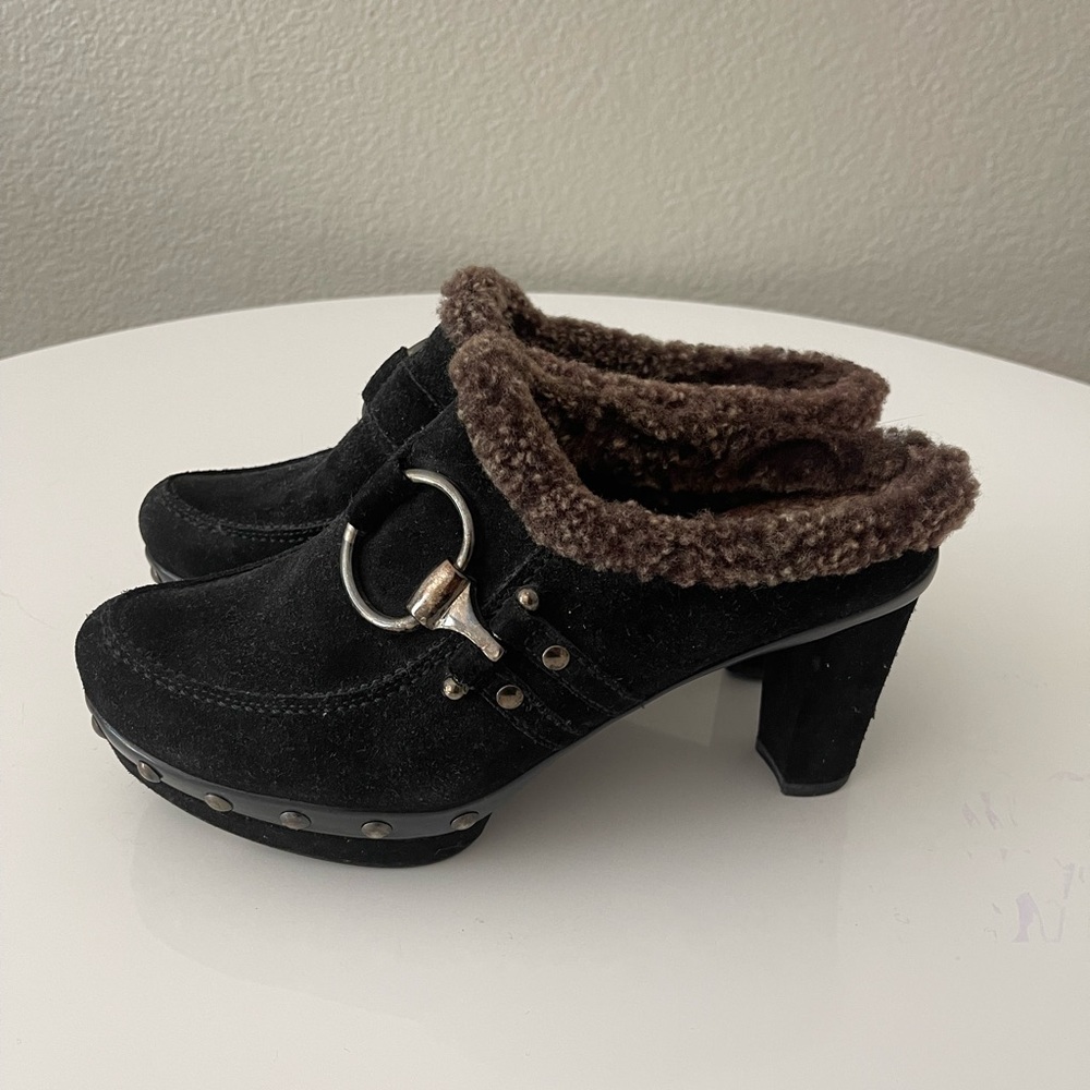 Stuart Weitzman Black Fur-Lined Women's Heeled Clogs- Size 6